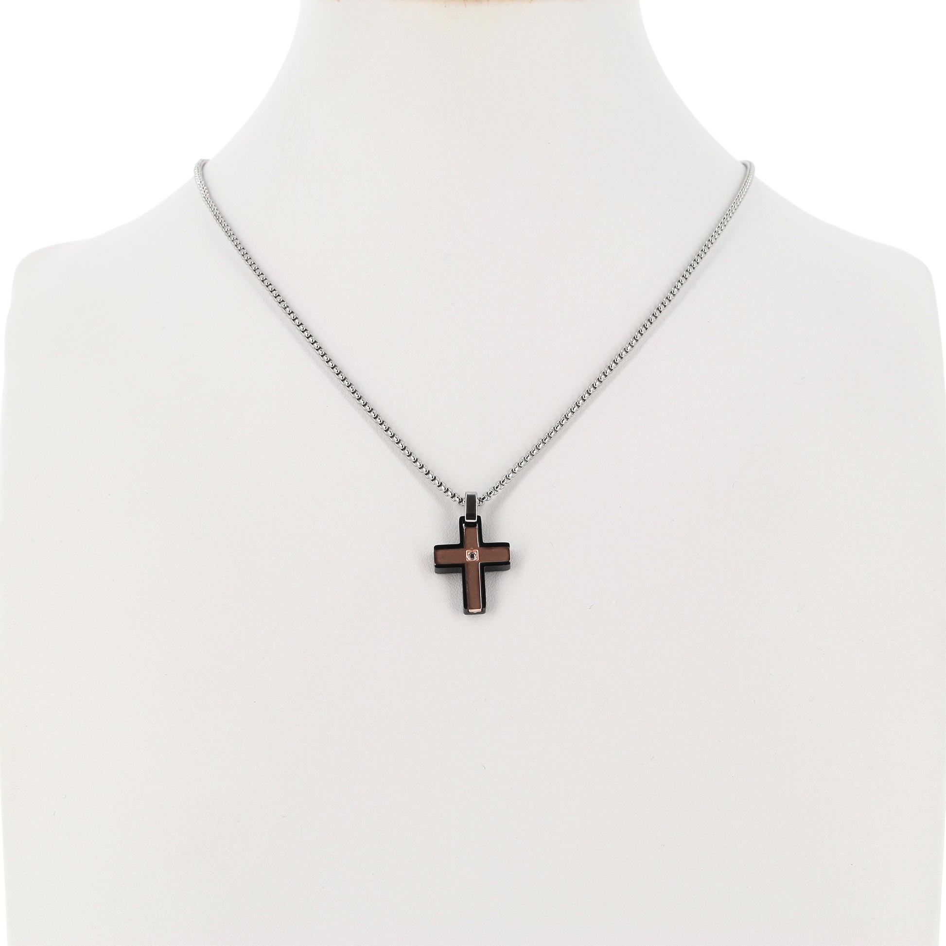 Collana da uomo con pendente Croce bicolore, inserti acciaio rose' e strass nero
