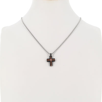 Collana da uomo con pendente Croce bicolore, inserti acciaio rose' e strass nero

