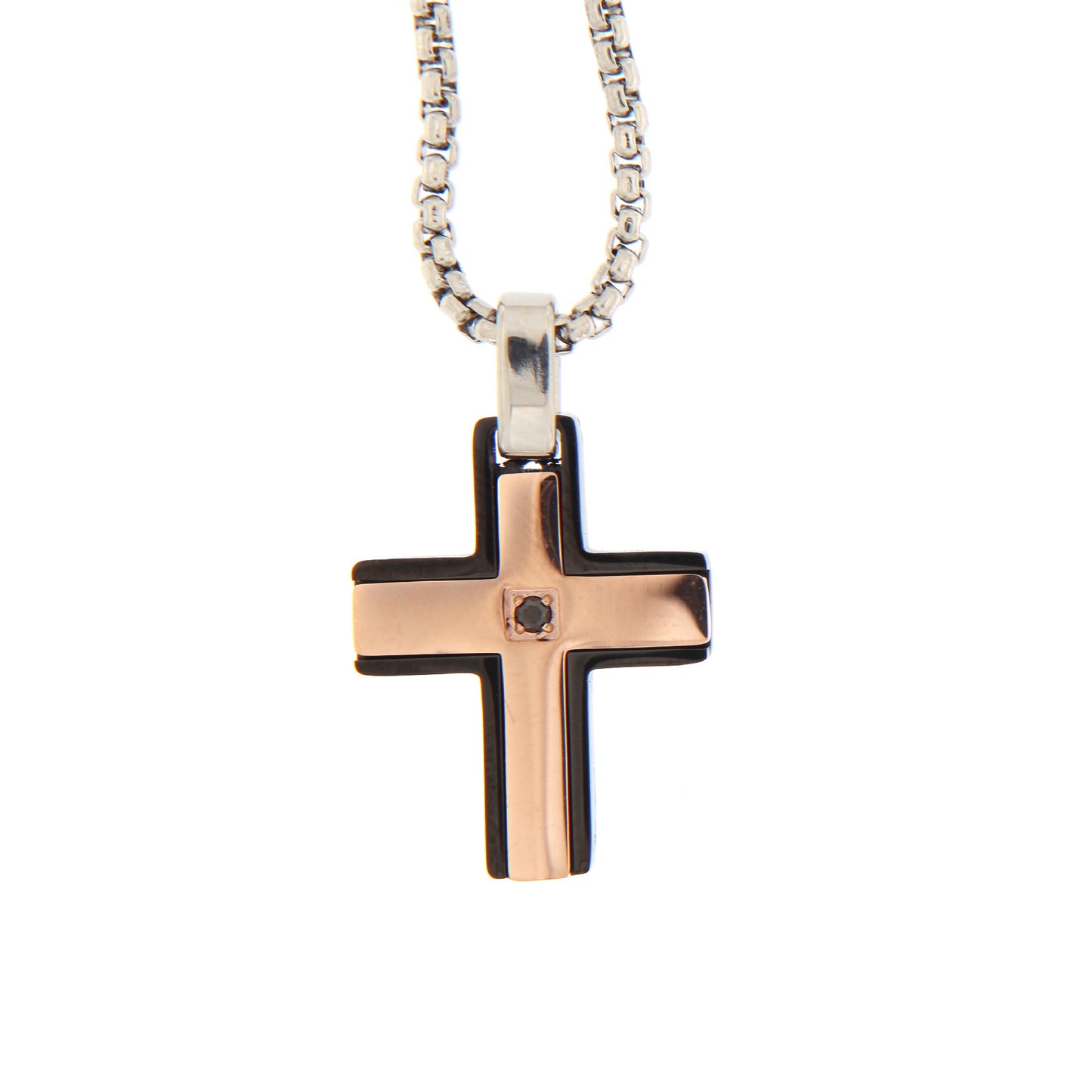 Collana da uomo con pendente Croce bicolore, inserti acciaio rose' e strass nero
