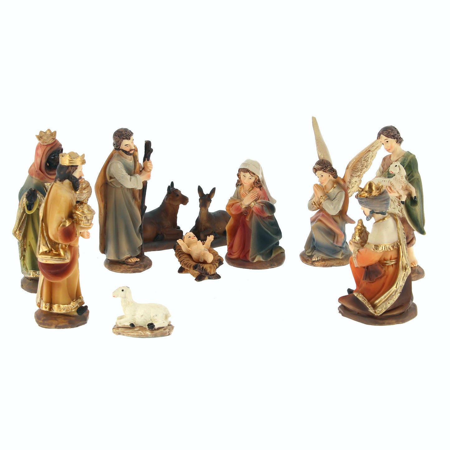 Set presepe composto da 11 soggetti, in resina. Altezza 9 cm