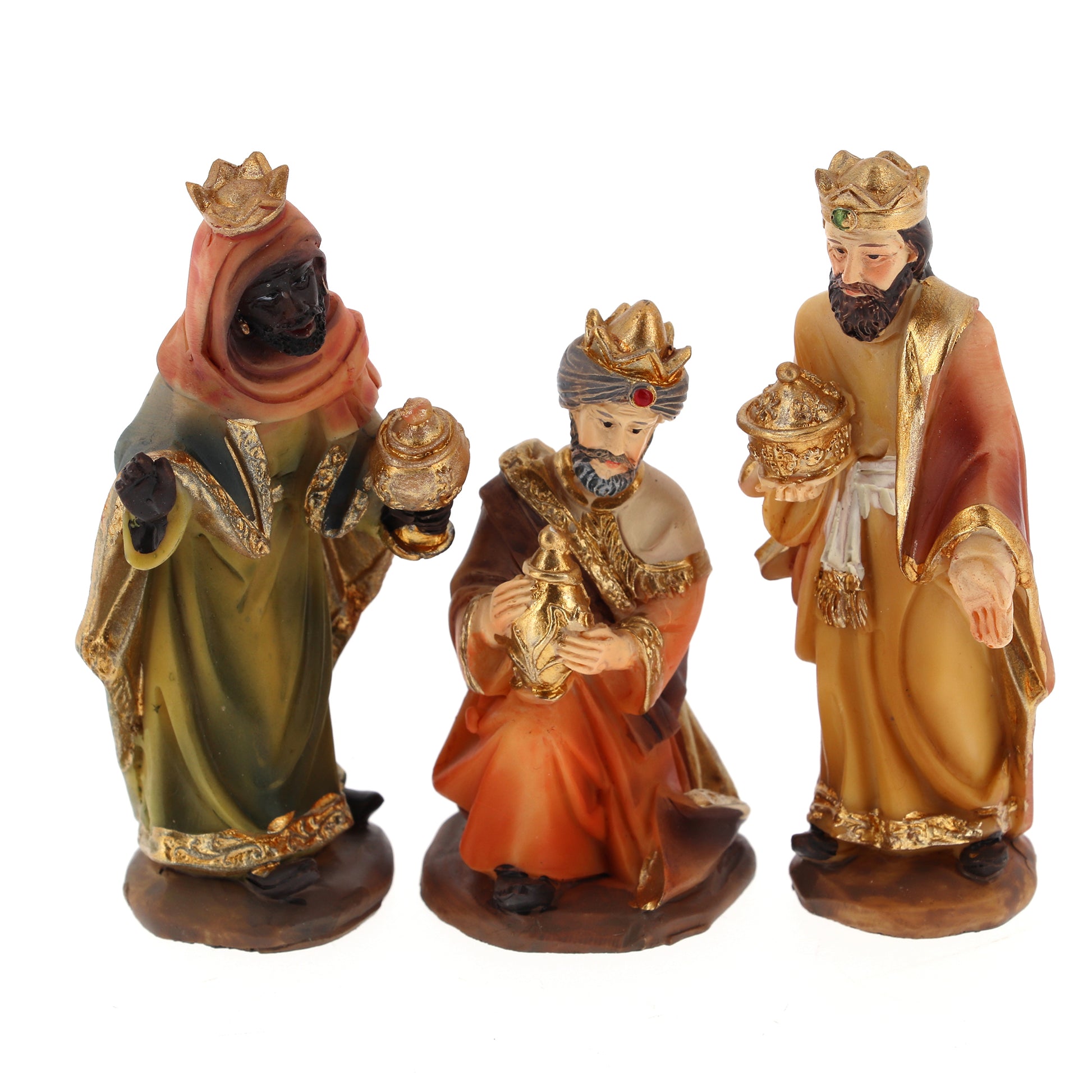 Set presepe composto da 11 soggetti, in resina. Altezza 9 cm