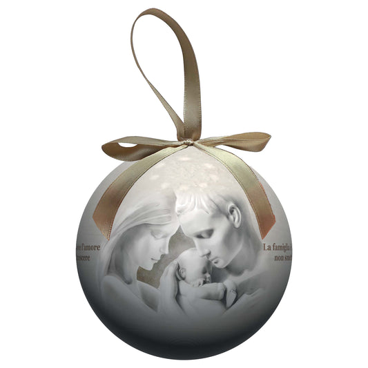 Pallina natalizia con Santa Famiglia e preghiera. Diametro 7,5 cm