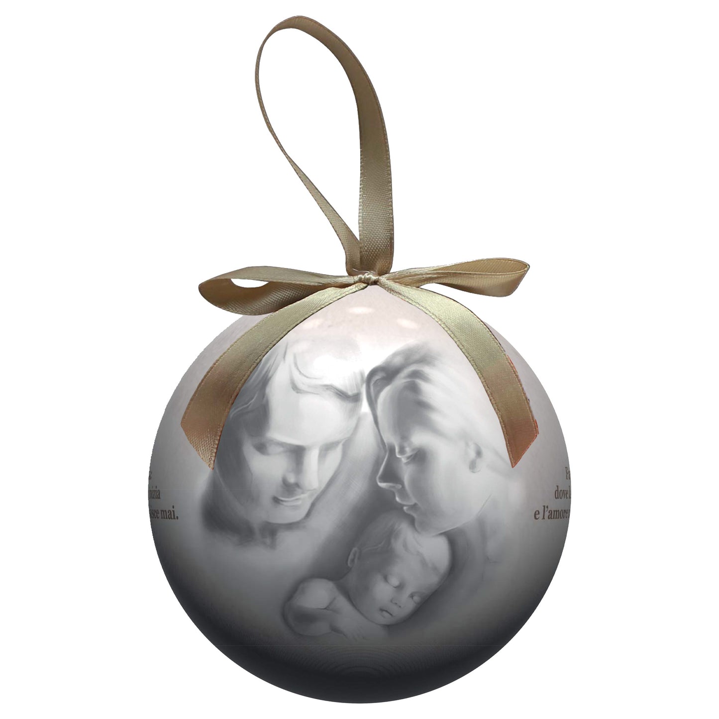 Pallina natalizia con Santa Famiglia e preghiera. Diametro 7,5 cm