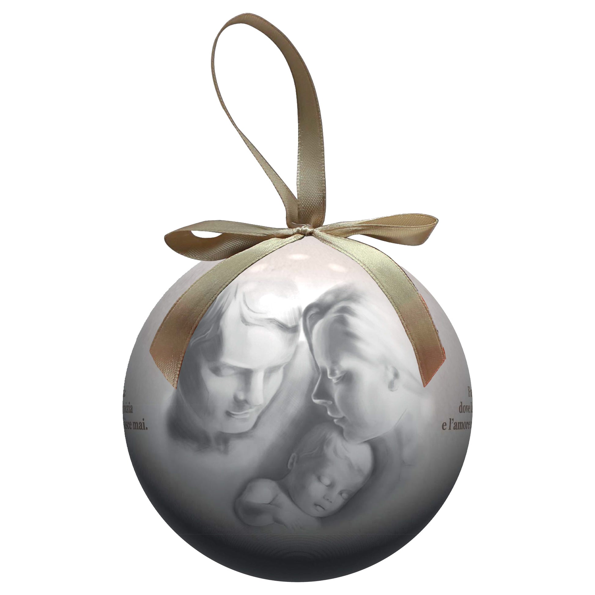 Pallina natalizia con Santa Famiglia e preghiera. Diametro 7,5 cm