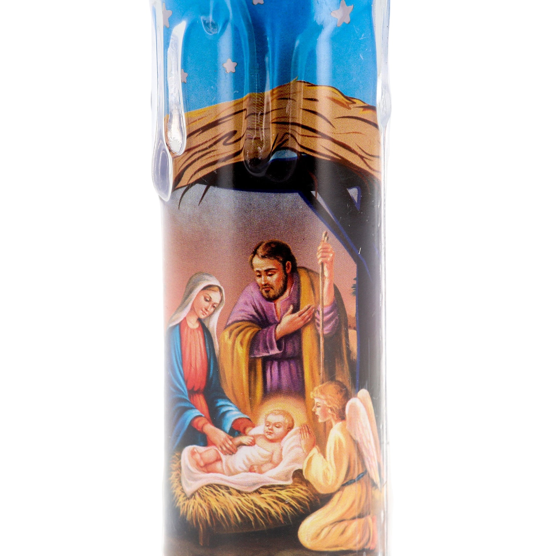 Candela luminosa con immagine presepe e luce a led. Altezza 15 cm