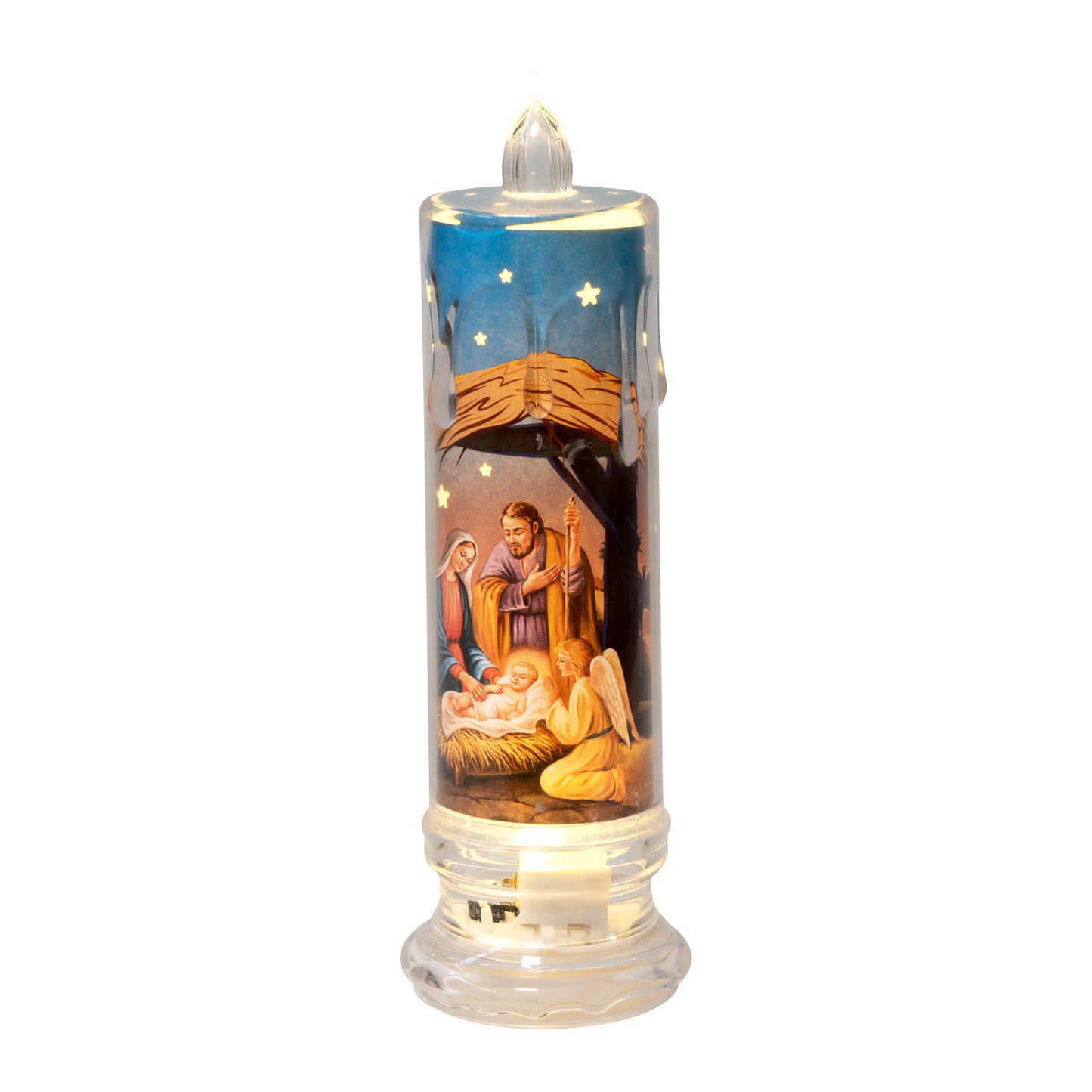Candela luminosa con immagine presepe e luce a led. Altezza 15 cm