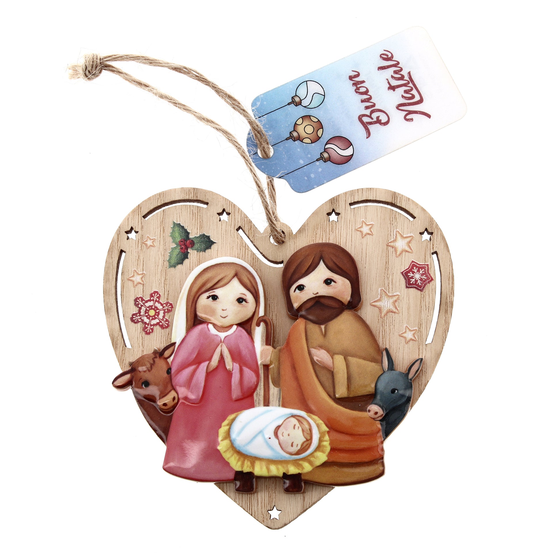 Addobbo natalizio in legno e ceramica colorata, forma a cuore. Dimensioni 9,5x9,5 cm