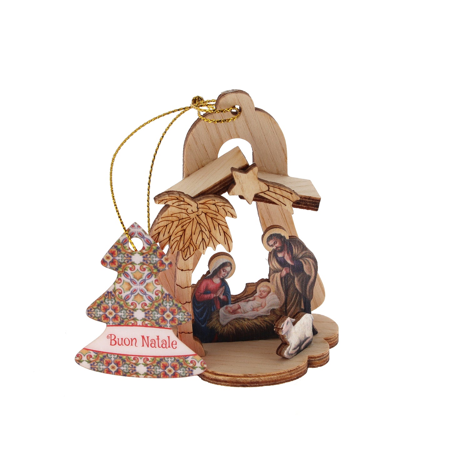 Decorazione addobbo natalizio in legno raffigurazione presepe. Altezza 8 cm