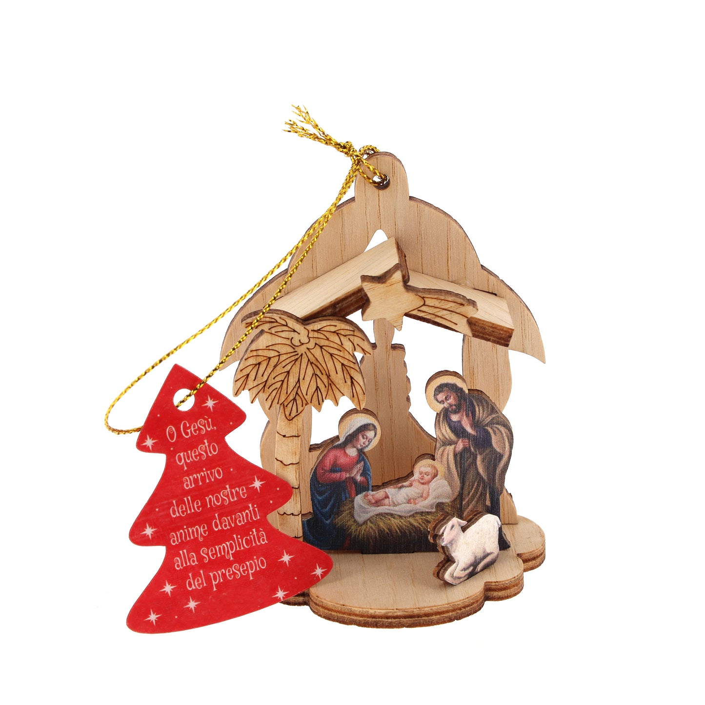 Decorazione addobbo natalizio in legno raffigurazione presepe. Altezza 8 cm