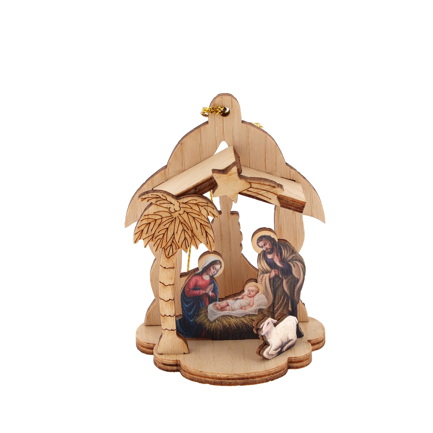 Decorazione addobbo natalizio in legno raffigurazione presepe. Altezza 8 cm