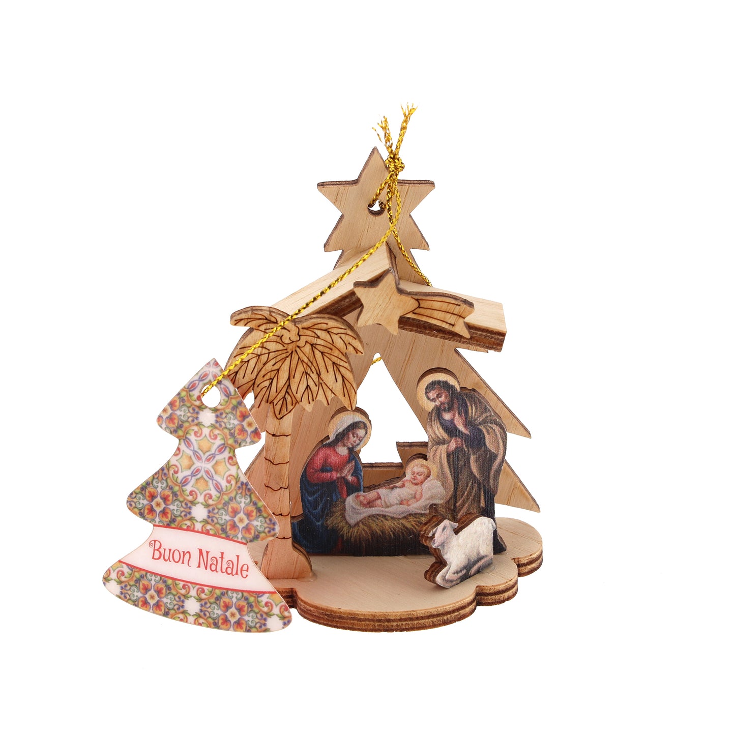 Decorazione addobbo natalizio in legno raffigurazione presepe. Altezza 8 cm