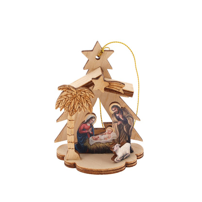 Decorazione addobbo natalizio in legno raffigurazione presepe. Altezza 8 cm