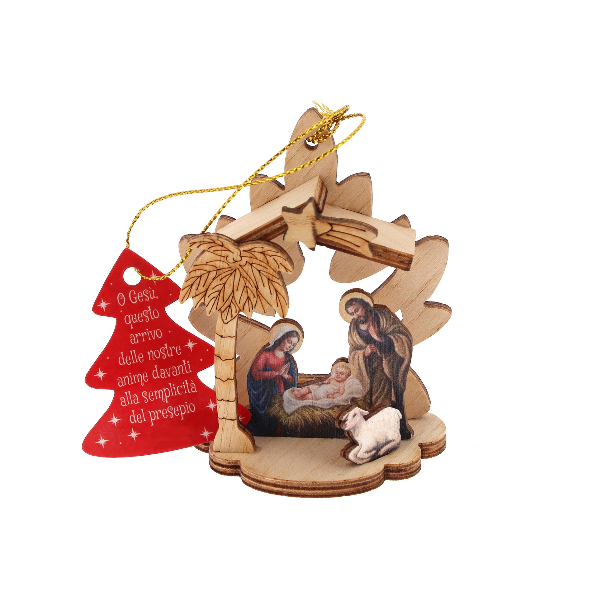 Decorazione addobbo natalizio in legno raffigurazione presepe. Altezza 8 cm