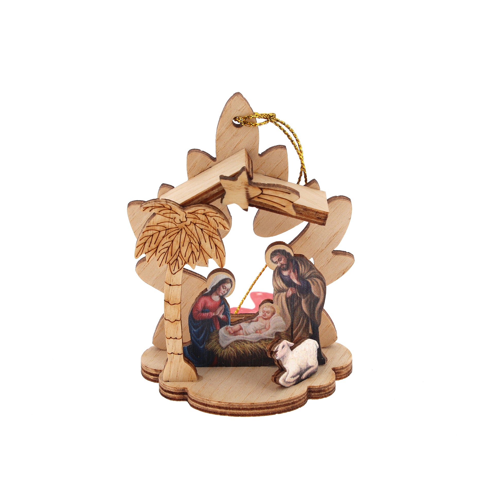 Decorazione addobbo natalizio in legno raffigurazione presepe. Altezza 8 cm