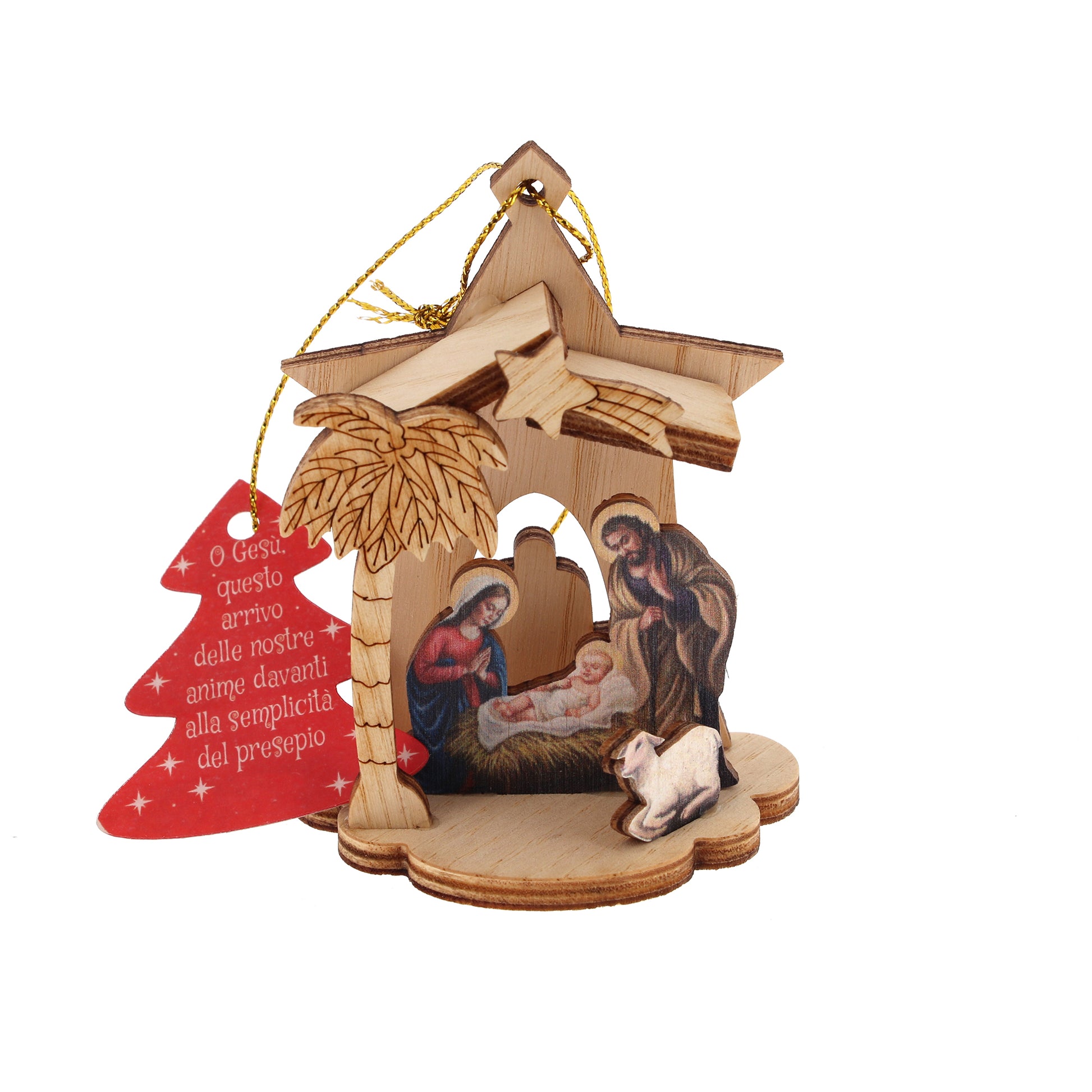 Decorazione addobbo natalizio in legno raffigurazione presepe. Altezza 8 cm