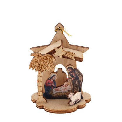 Decorazione addobbo natalizio in legno raffigurazione presepe. Altezza 8 cm