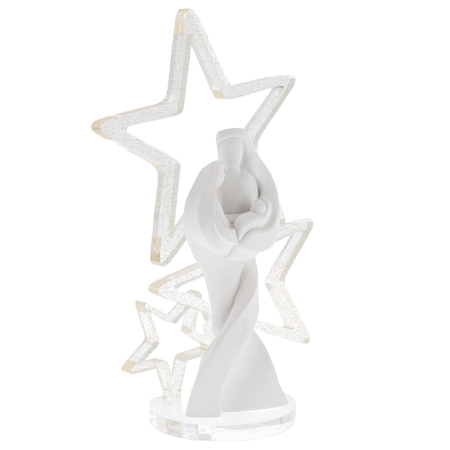 Statua in resina Sacra Famiglia e stelle in plexiglass. Altezza 21 cm