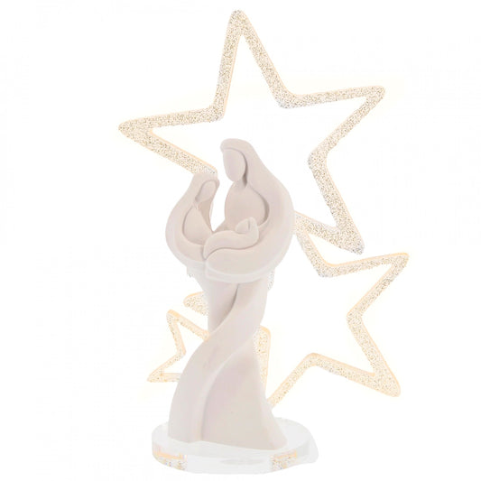 Statua in resina Sacra Famiglia e stelle in plexiglass. Altezza 21 cm