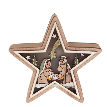 Decorazione natalizia, Presepe stella in legno con led. Dimensioni 12,2x13 cm