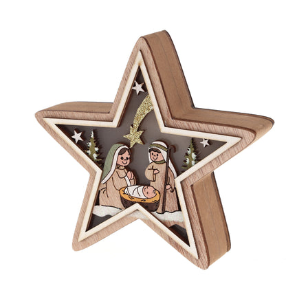Decorazione natalizia, Presepe stella in legno con led. Dimensioni 12,2x13 cm