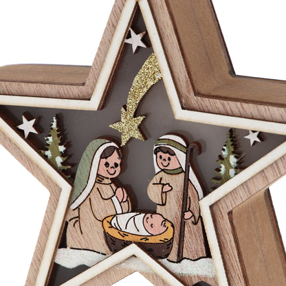 Decorazione natalizia, Presepe stella in legno con led. Dimensioni 12,2x13 cm