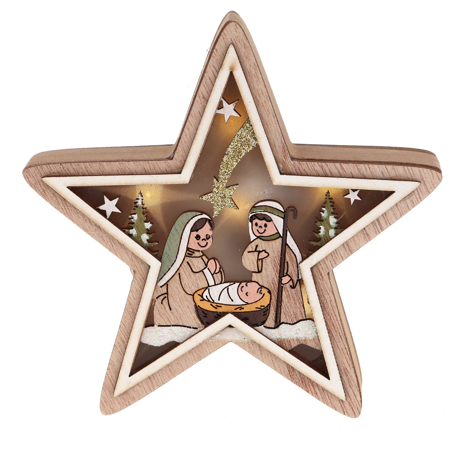 Decorazione natalizia, Presepe stella in legno con led. Dimensioni 12,2x13 cm