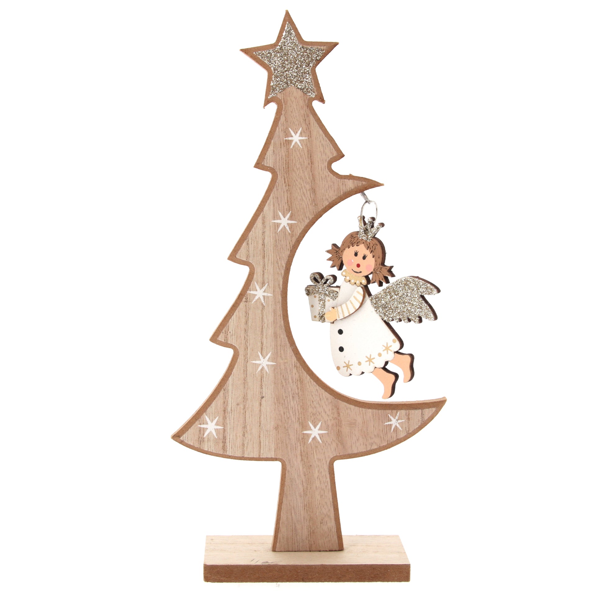 Decorazione natalizia in legno albero di natale e Angelo. Altezza 27,2 cm