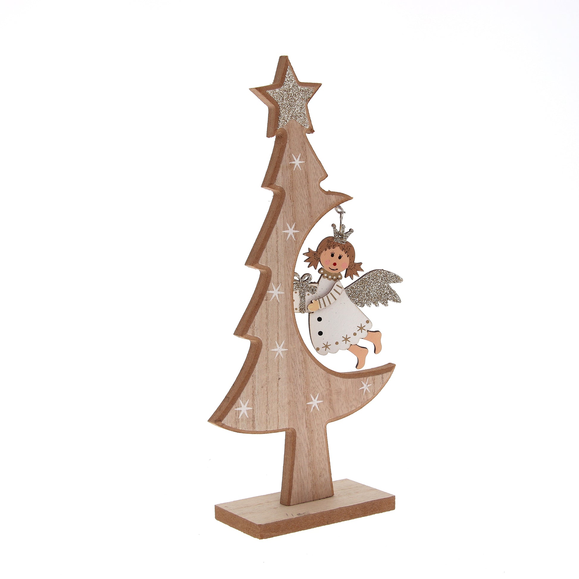 Decorazione natalizia in legno albero di natale e Angelo. Altezza 27,2 cm