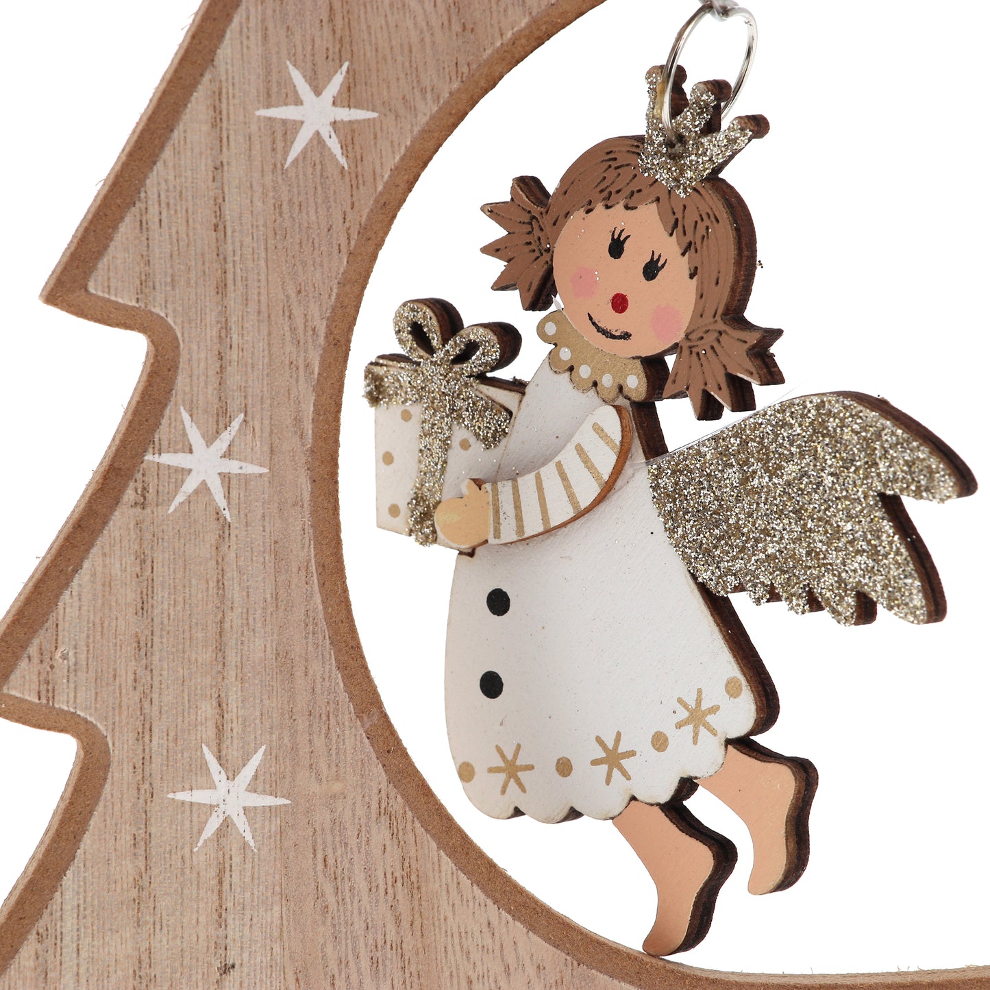 Decorazione natalizia in legno albero di natale e Angelo. Altezza 27,2 cm