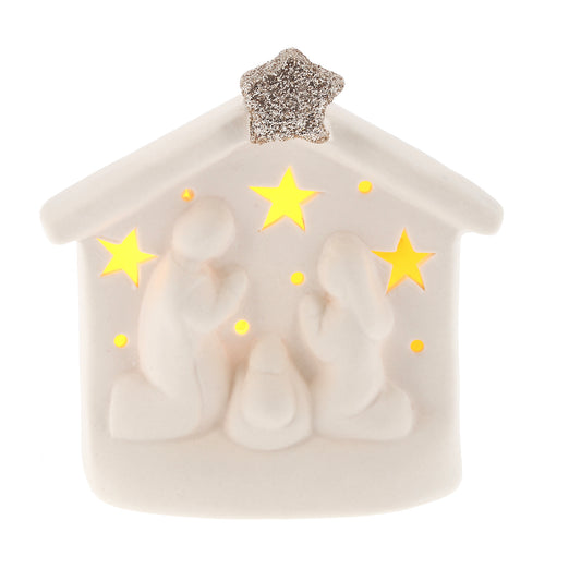 Casetta presepe in porcellana con luce. Altezza 8,2 cm