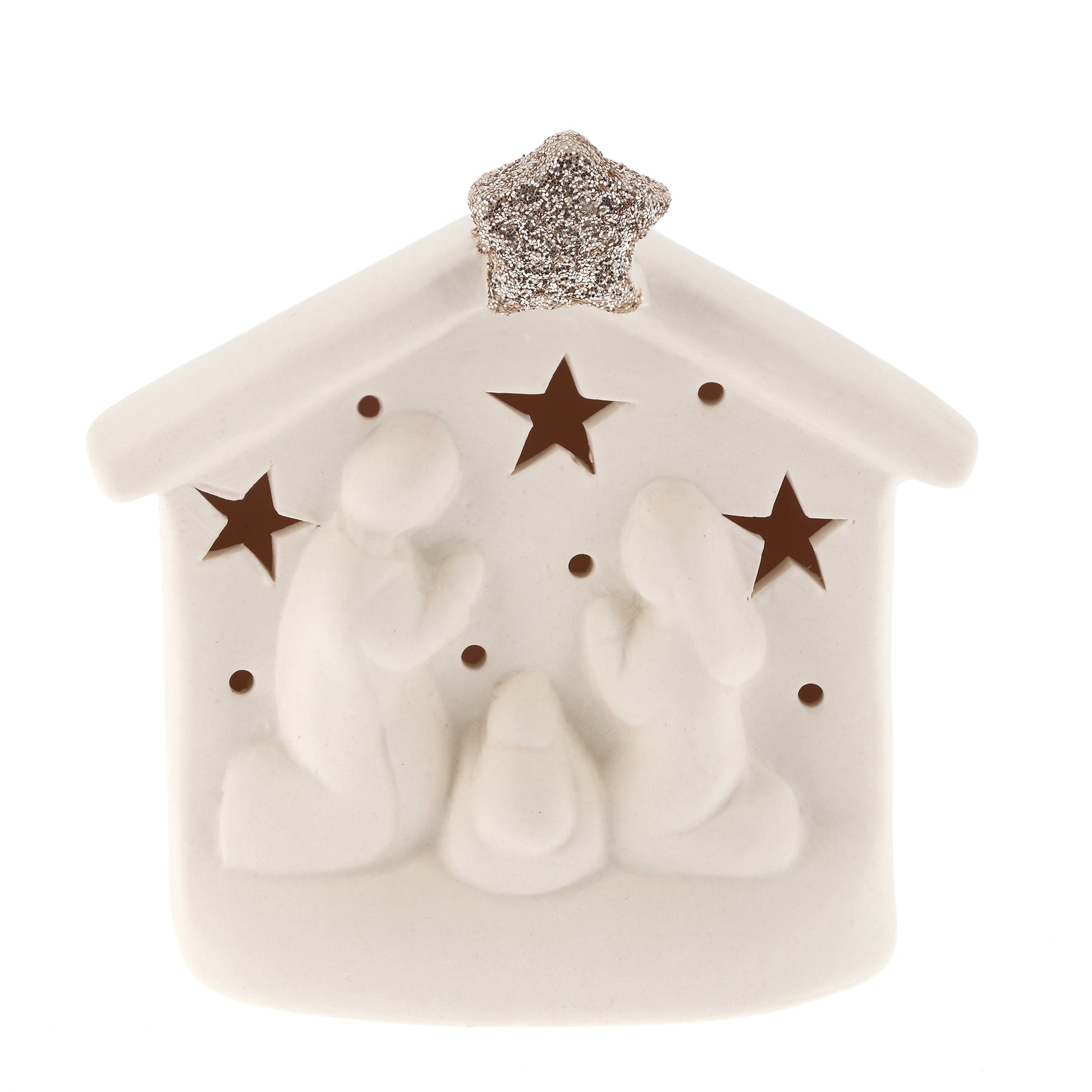 Casetta presepe in porcellana con luce. Altezza 8,2 cm