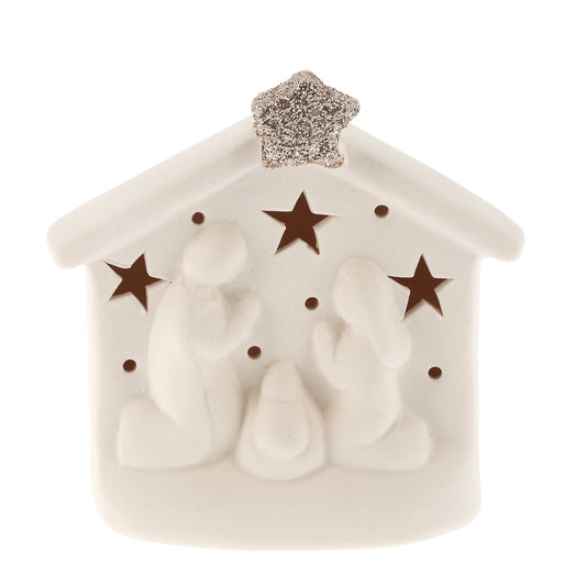 Casetta presepe in porcellana con luce. Altezza 8,2 cm
