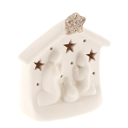 Casetta presepe in porcellana con luce. Altezza 8,2 cm