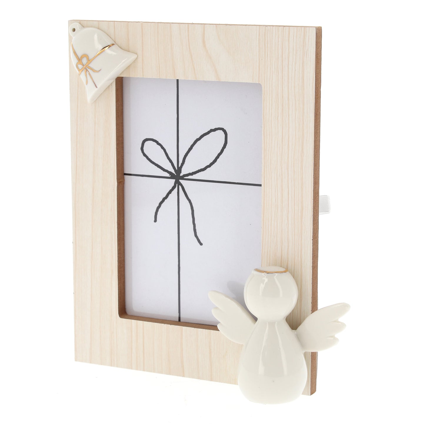 Portafoto in legno e porcellana. Altezza 20 cm