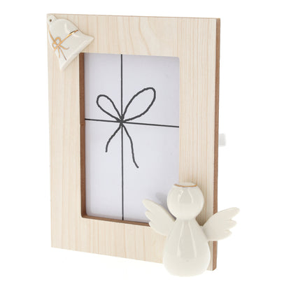 Portafoto in legno e porcellana. Altezza 20 cm