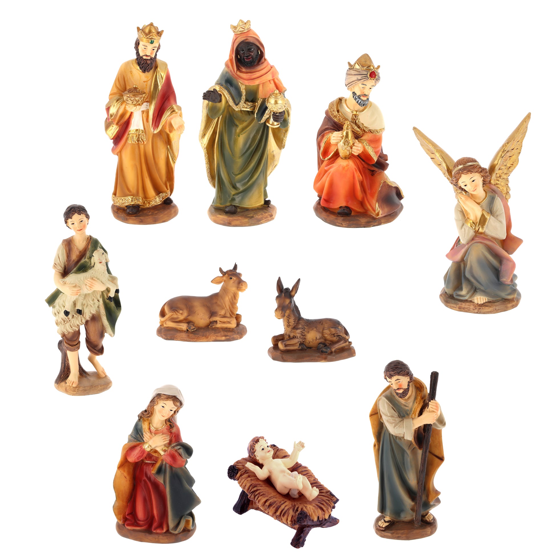 Set presepe composto da 11 soggetti in resina. Altezza 16 cm