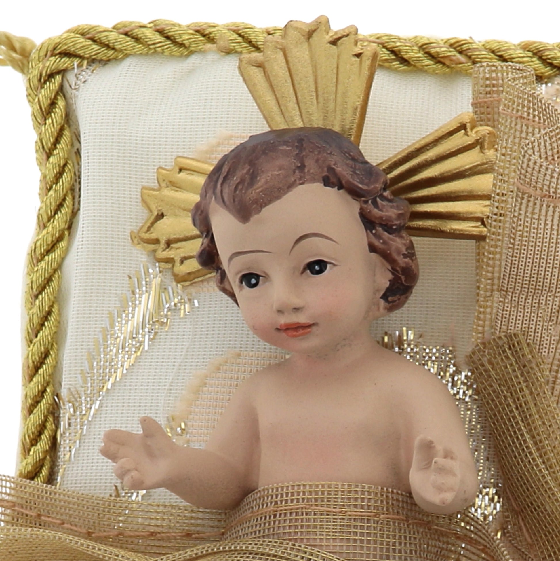 Statua Gesù Bambino, su cuscino. Dimensioni 12x9,5 cm