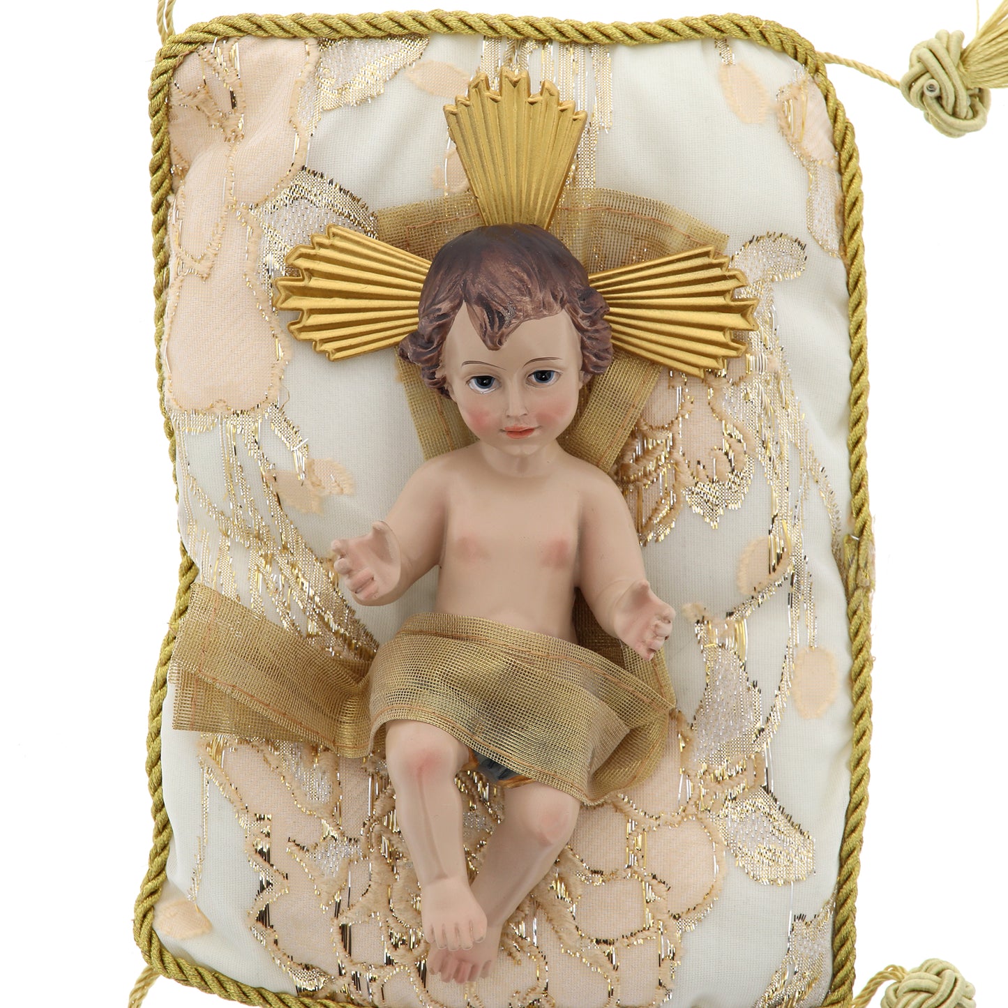 Statua Gesù Bambino, su cuscino. Dimensioni 19,5x15 cm