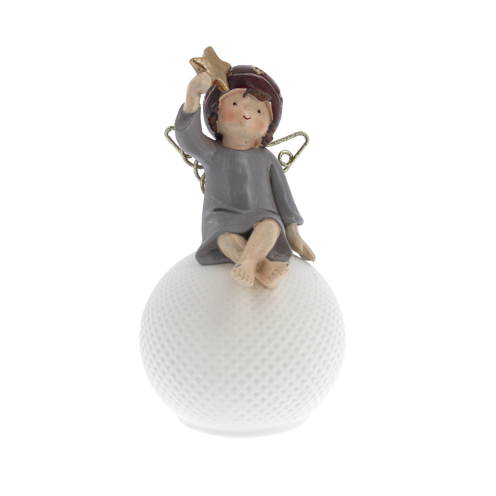 Statua Angelo seduto su sfera luminosa a led. Altezza 14,4 cm