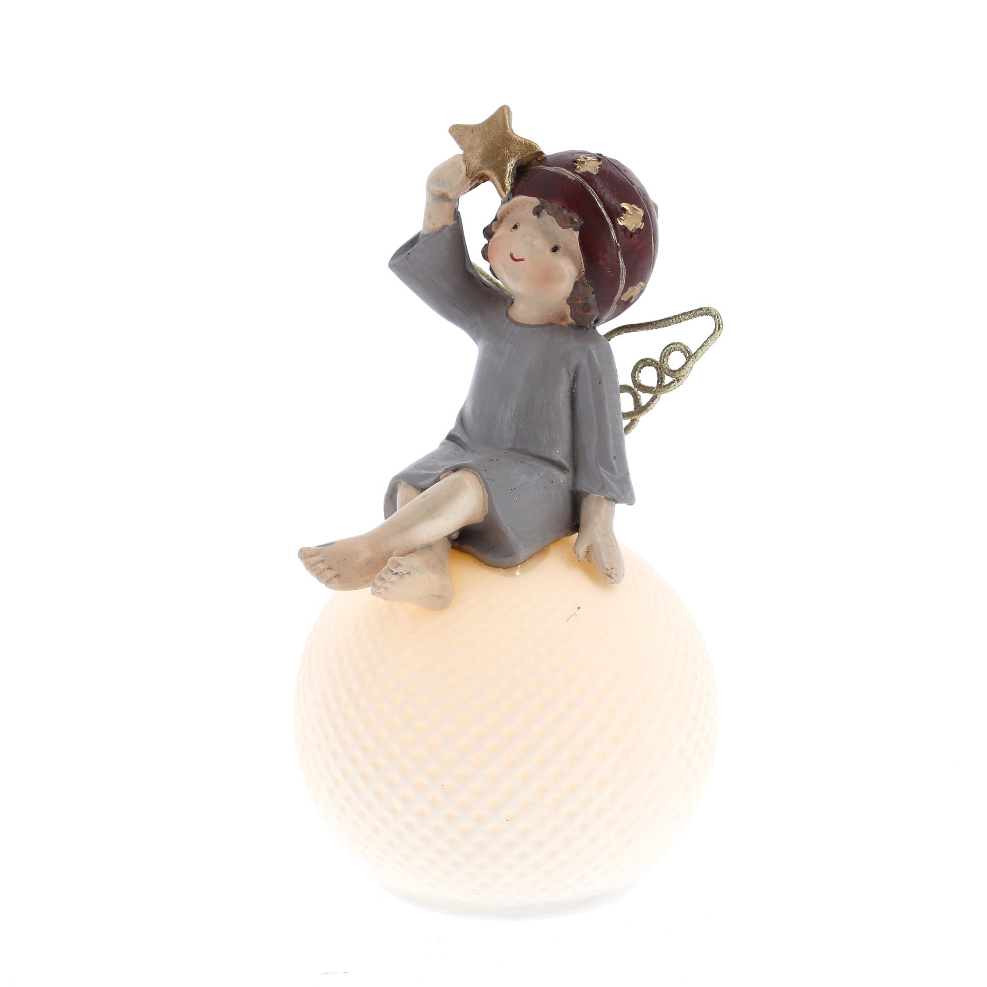 Statua Angelo seduto su sfera luminosa a led. Altezza 14,4 cm