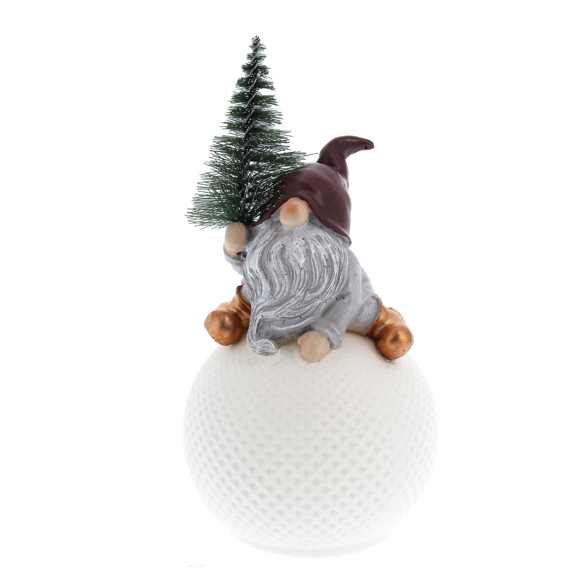 Statua Gnomo seduto su sfera luminosa a led. Altezza 15 cm