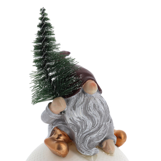 Statua Gnomo seduto su sfera luminosa a led. Altezza 15 cm