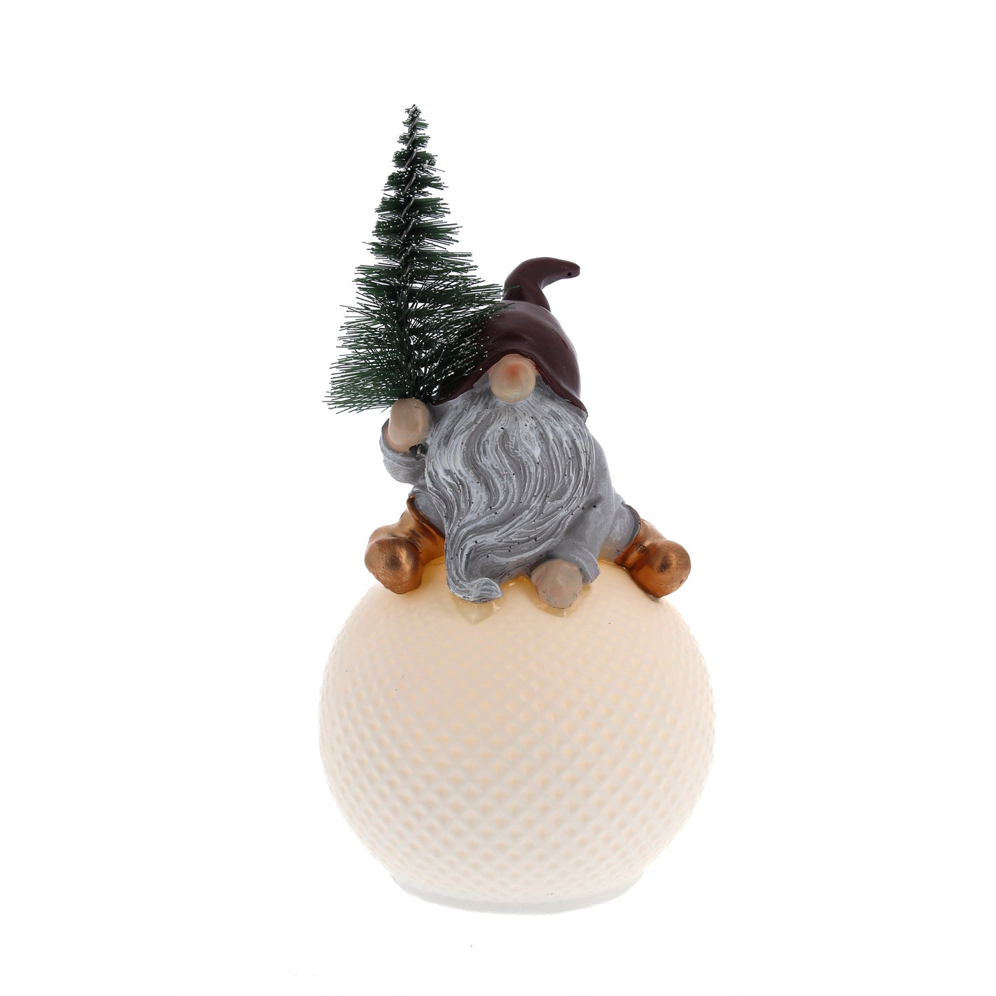 Statua Gnomo seduto su sfera luminosa a led. Altezza 15 cm