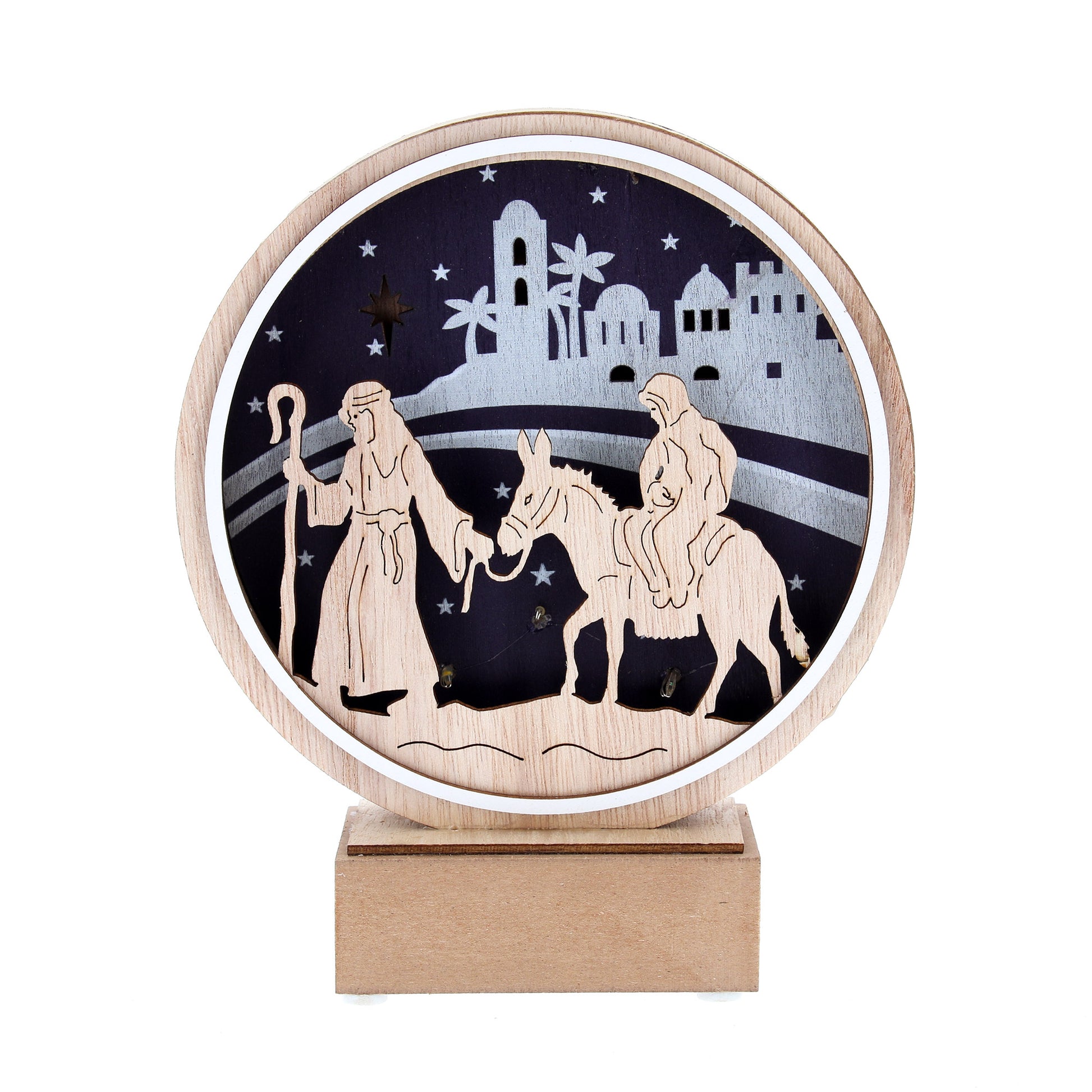 Cerchio su base in legno con rappresentazione di Giuseppe e Maria con asino. Con luce. Altezza 20 cm