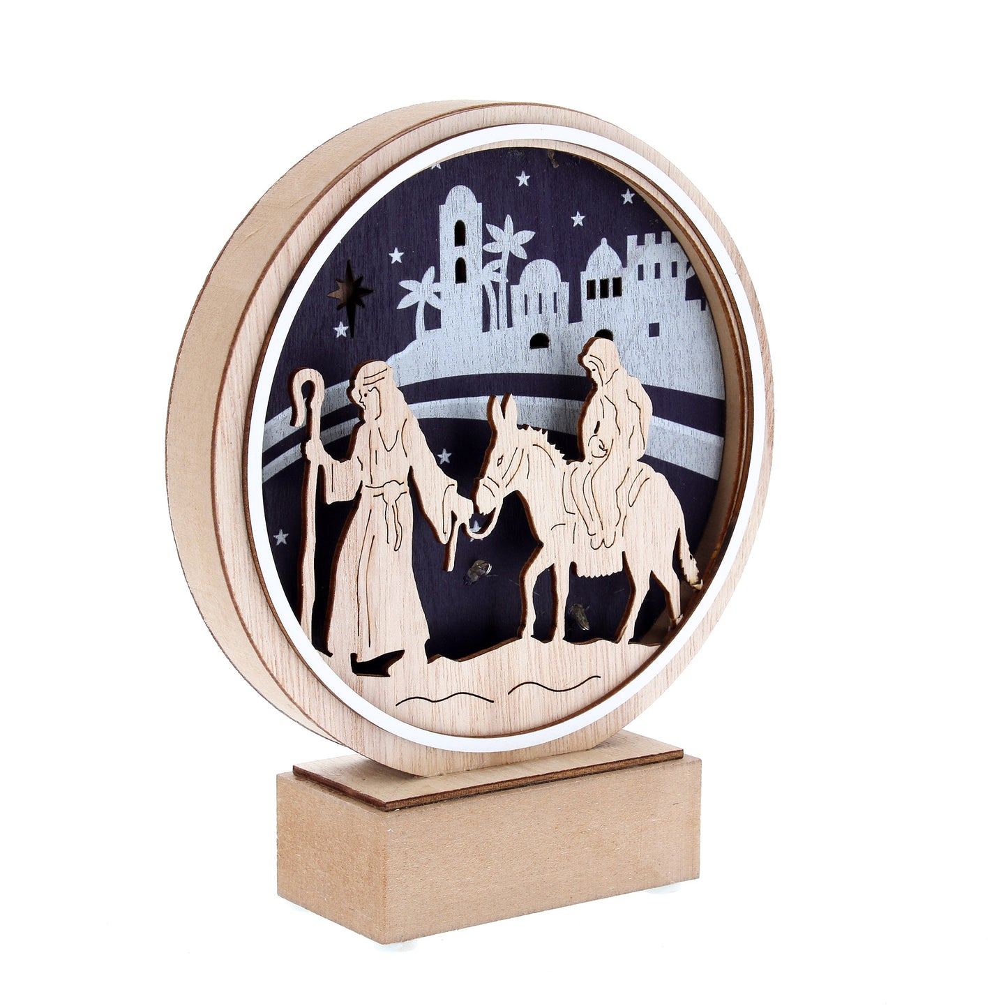 Cerchio su base in legno con rappresentazione di Giuseppe e Maria con asino. Con luce. Altezza 20 cm