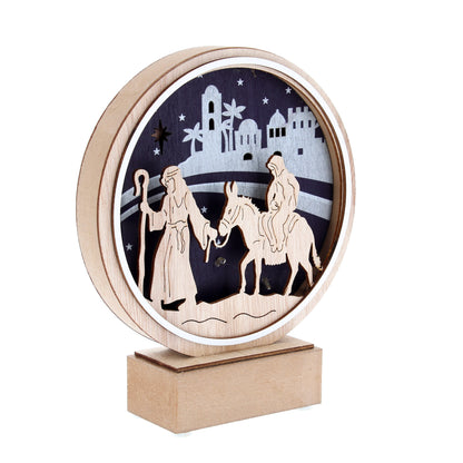 Cerchio su base in legno con rappresentazione di Giuseppe e Maria con asino. Con luce. Altezza 20 cm