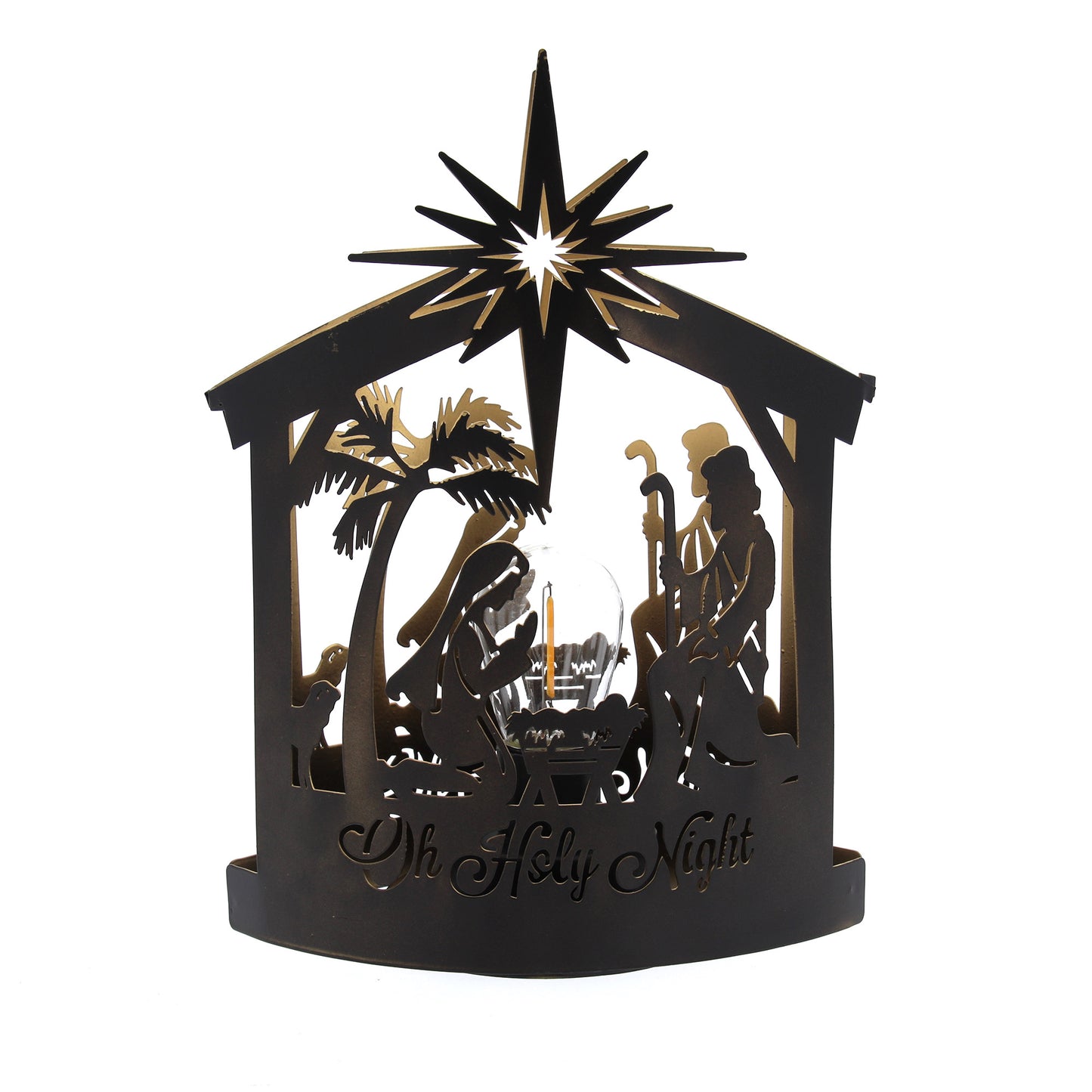 Lanterna in metallo con Natività sagomata. Con luce. Altezza 25 cm