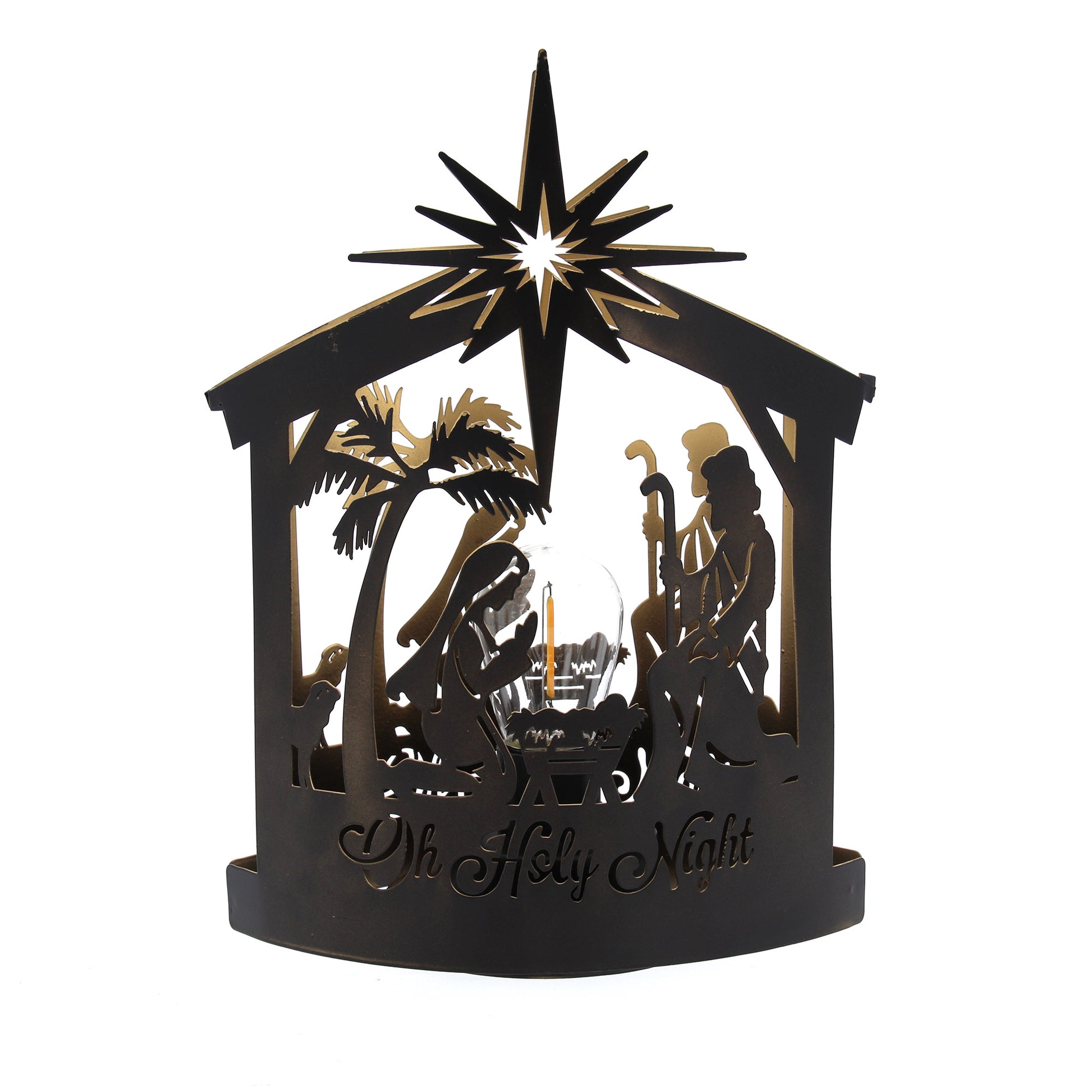Lanterna in metallo con Natività sagomata. Con luce. Altezza 25 cm