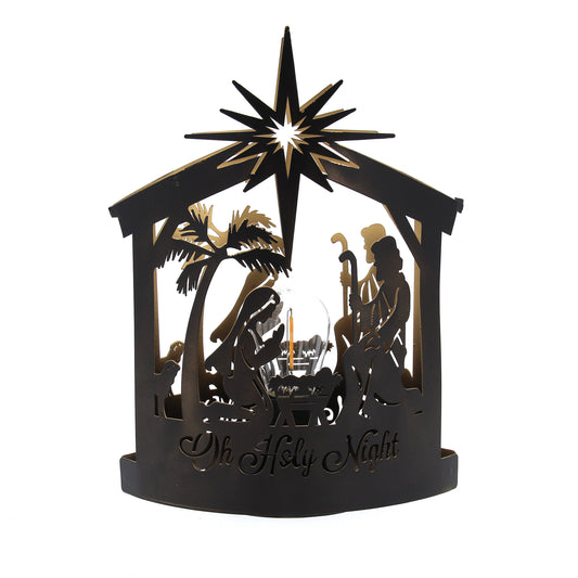 Lanterna in metallo con Natività sagomata. Con luce. Altezza 25 cm