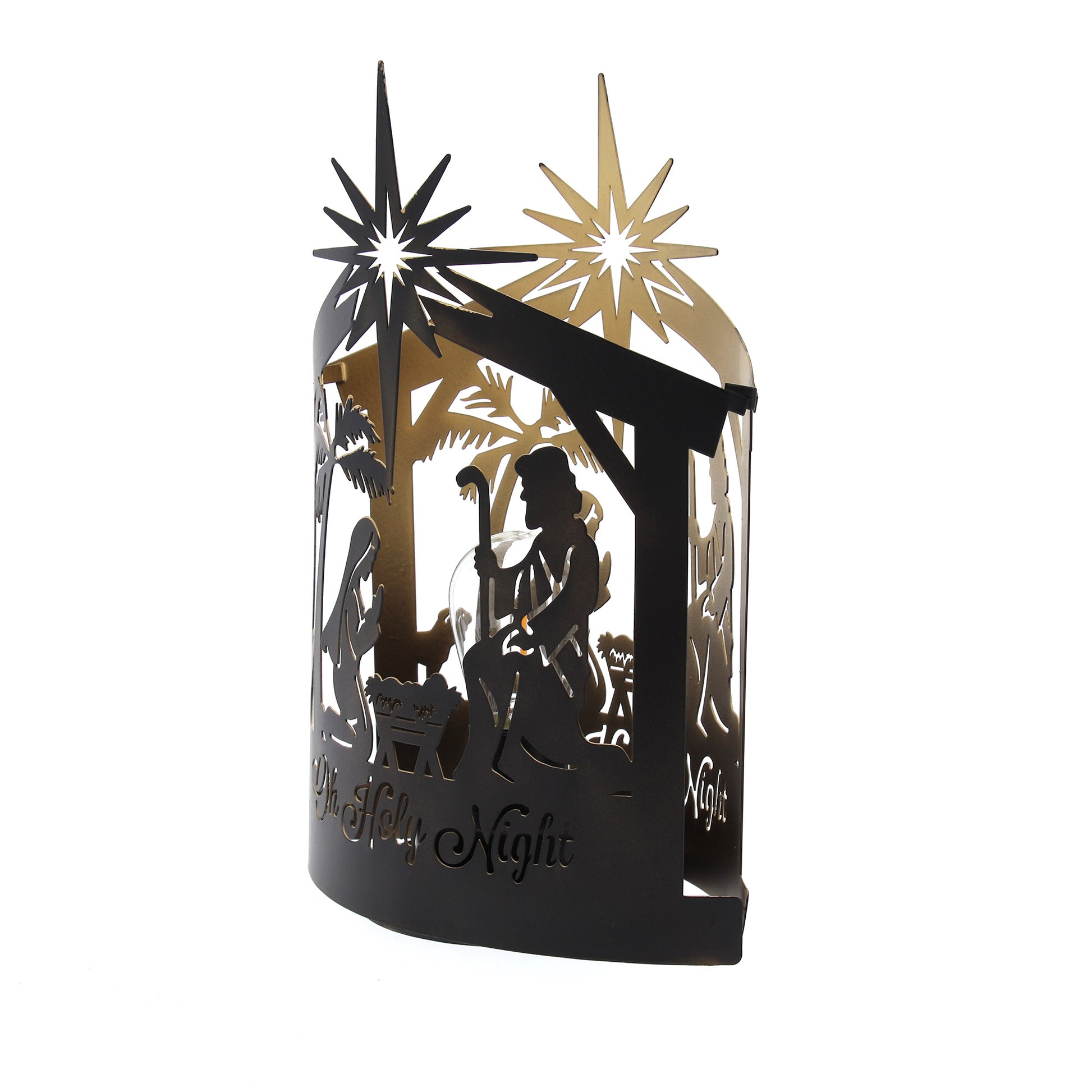 Lanterna in metallo con Natività sagomata. Con luce. Altezza 25 cm